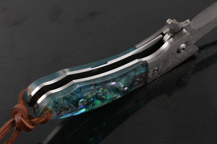 Revenge fighter VG10 Damascus abalone and ebony handle folding knife UD404973